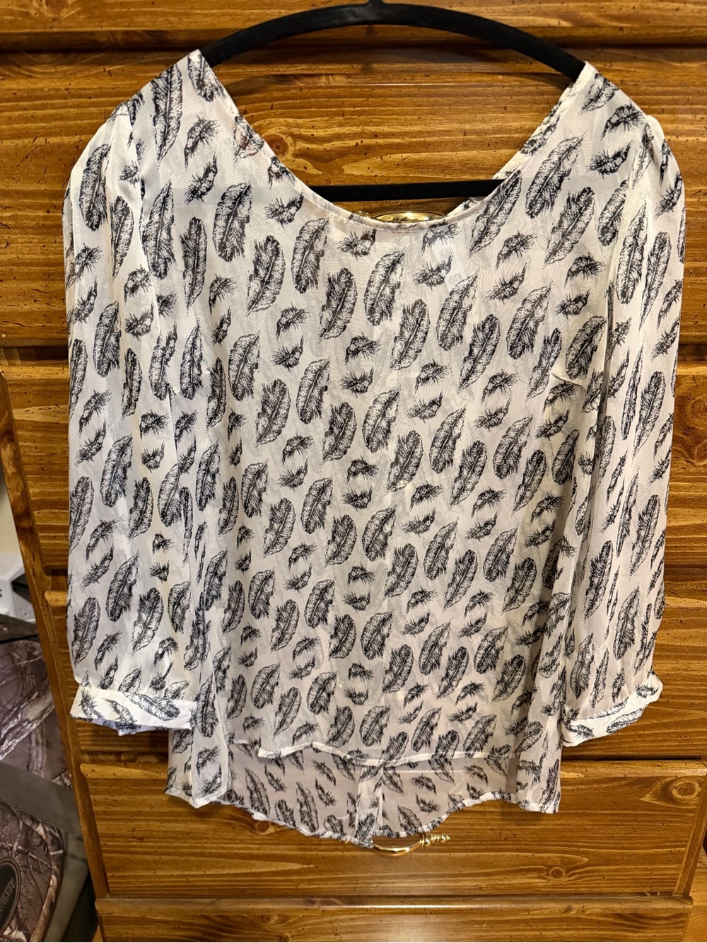 White Feather Print Women's Blouse - Lightweight Semi-Sheer Top